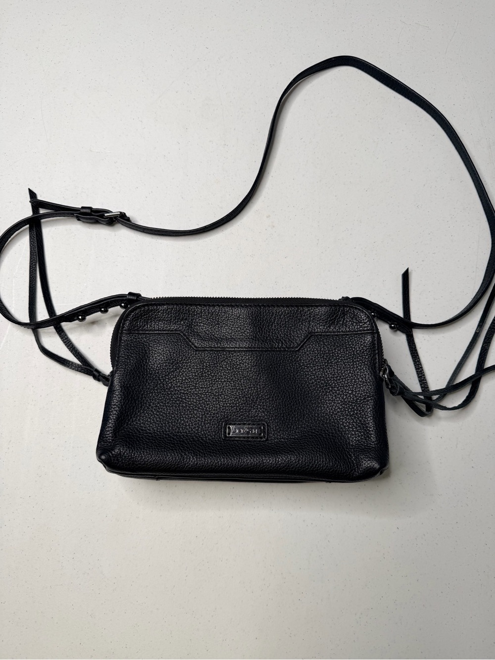 Joe’s Jeans Black Pebbled Crossbody Bag Studded Fringe Multi-Pocket EUC